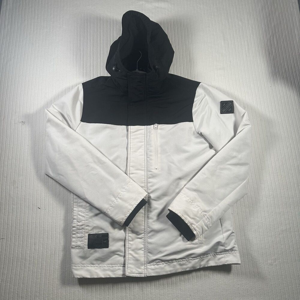 Hollister Mens All Weather Jacket Size M White Black Hooded Windbreaker Coat